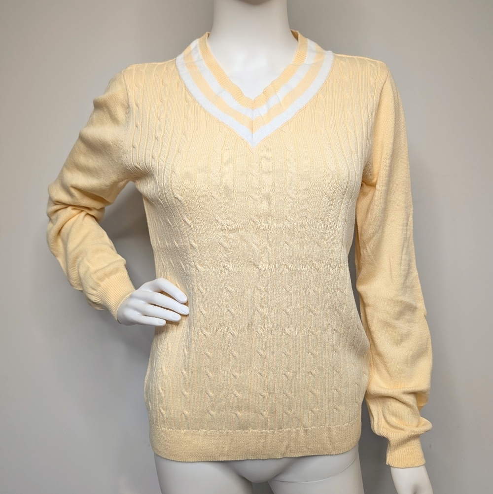 Light Butter Yellow & White Stripes V Neck Cable Knit Sweater Preppy Coquette